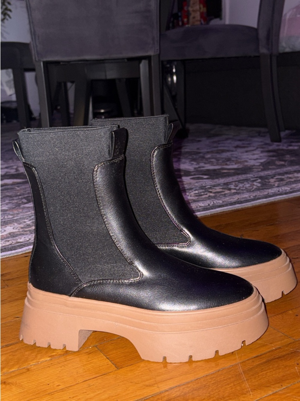 Black Chelsea Platform Boots with Tan Lug Sole
